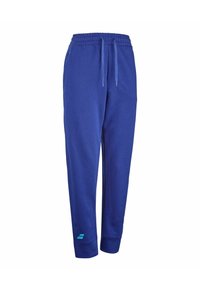 Blauwe sweatpants van zacht materiaal, met een elastische tailleband met trekkoord, taps toelopende boorden en een blauw accentlogo dicht bij de zoom.