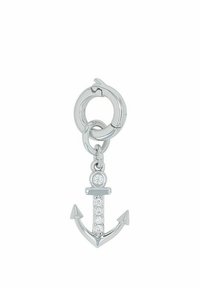 Ciondolo a forma di ancora in argento con una finitura liscia, caratterizzato da accenti in zirconia cubica trasparente e un connettore rotondo. L'ancora ha un design classico.