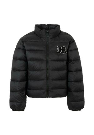 Giubbotto imbottito nero con motivo a rombi, chiusura frontale con zip e un piccolo patch ricamato bianco e nero sul lato sinistro del petto.