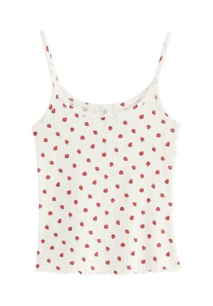 Hvid ribstrikket undertrøje med tynde stropper, der har et mønster af små røde jordbær og bølgede kanter.