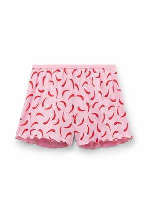 Růžové bavlněné kraťasy s opakujícím se vzorem červených papriček. Elastický pas s ozdobným lemováním. Měkká, lehká tkanina.