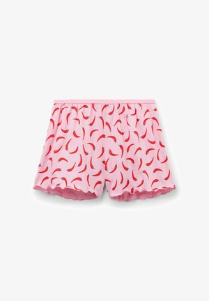 Shorts en coton rose avec un motif répété de piments rouges. Taille élastique avec un détail de l'ourlet en forme de vagues. Tissu doux et léger.