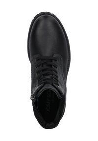 Bottine en cuir noir avec fermeture lacée et zip latéral. Surface texturée et col rembourré. Semelle en caoutchouc avec couture visible.