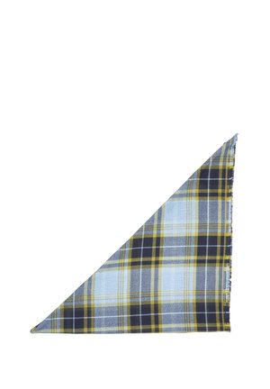 Dreieckiger karierter Schal mit einem Farbmuster aus Blau, Gelb und Schwarz; aus gewebtem Stoff gefertigt und mit Fransen an den Kanten.