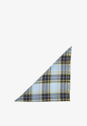 Écharpe triangulaire à carreaux avec un motif de couleurs bleu, jaune et noir ; fabriquée en tissu tissé, elle présente des bords frangés.