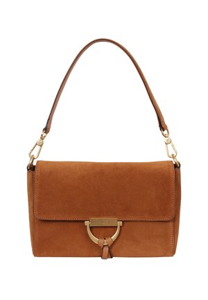 Brown suede handbag with a structured shape, gold hardware accents, a front flap, and a decorative loop detail at the closure.