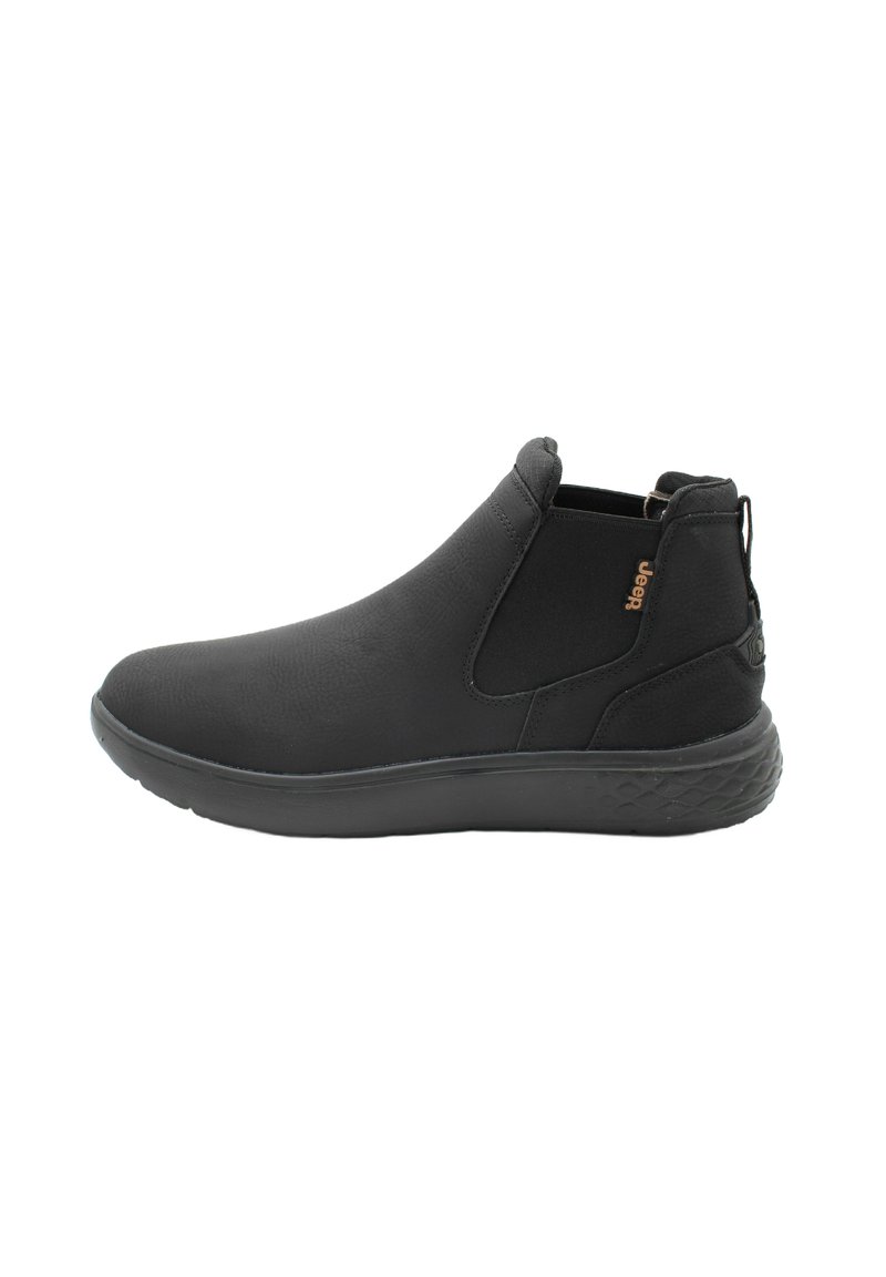 Stivaletti neri con tomaia sintetica testurizzata, pannelli laterali elastici e suola imbottita per il comfort. Presentano un inserto per il tallone sul retro.