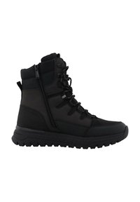 Bottines noires à la cheville avec un upper texturé, fermeture éclair et design à lacets. Présentent un col rembourré et une semelle robuste pour une bonne traction.