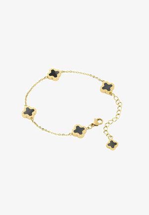 Goldenes Kettenarmband mit fünf schwarzen vierblättrigen Kleeblatt-Anhängern und einem verstellbaren Karabinerverschluss auf weißem Hintergrund.