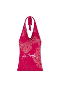 Red halter top with light dragon designs and white "Los Angeles" text across the front.