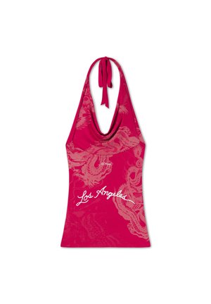 Top rosso con spalline a halter, con leggeri disegni di draghi e testo bianco "Los Angeles" sul davanti.