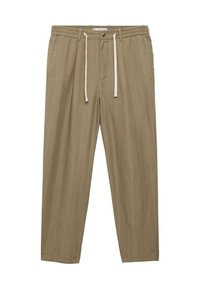 Béžové pruhované kalhoty s elastickým pasem a šňůrkou. Mají boční kapsy a uvolněný střih. Hladká struktura látky.