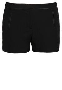 Short noir pour femme avec une taille droite et deux poches fendues verticales devant, confectionné dans un tissu lisse.