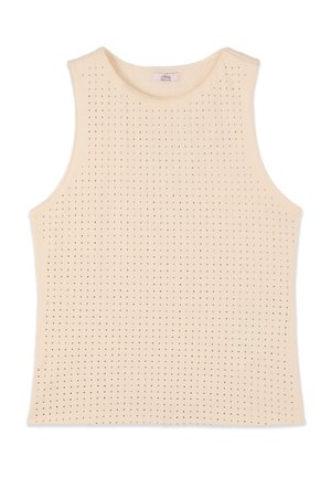 Top bej fără mâneci cu perforații mici, uniform distribuite pe partea din față, cu decolteu rotund și etichetă de marcă în interior.