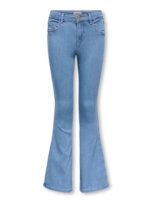 Light blue flared jeans made of denim. Features a standard waistband, belt loops, front pockets, and stitching detailing on the seams.