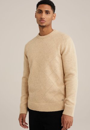 Maglione beige lavorato a maglia con texture a rombi, colletto tondo e polsini a costine, realizzato in un materiale morbido. Silhouette aderente.