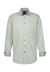 Camicia bottone verde chiaro con piccoli quadretti, caratterizzata da un polsino e un colletto interno con motivo floreale. Include una tasca sul petto e bottoni verdi.