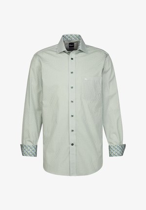 Camicia bottone verde chiaro con piccoli quadretti, caratterizzata da un polsino e un colletto interno con motivo floreale. Include una tasca sul petto e bottoni verdi.