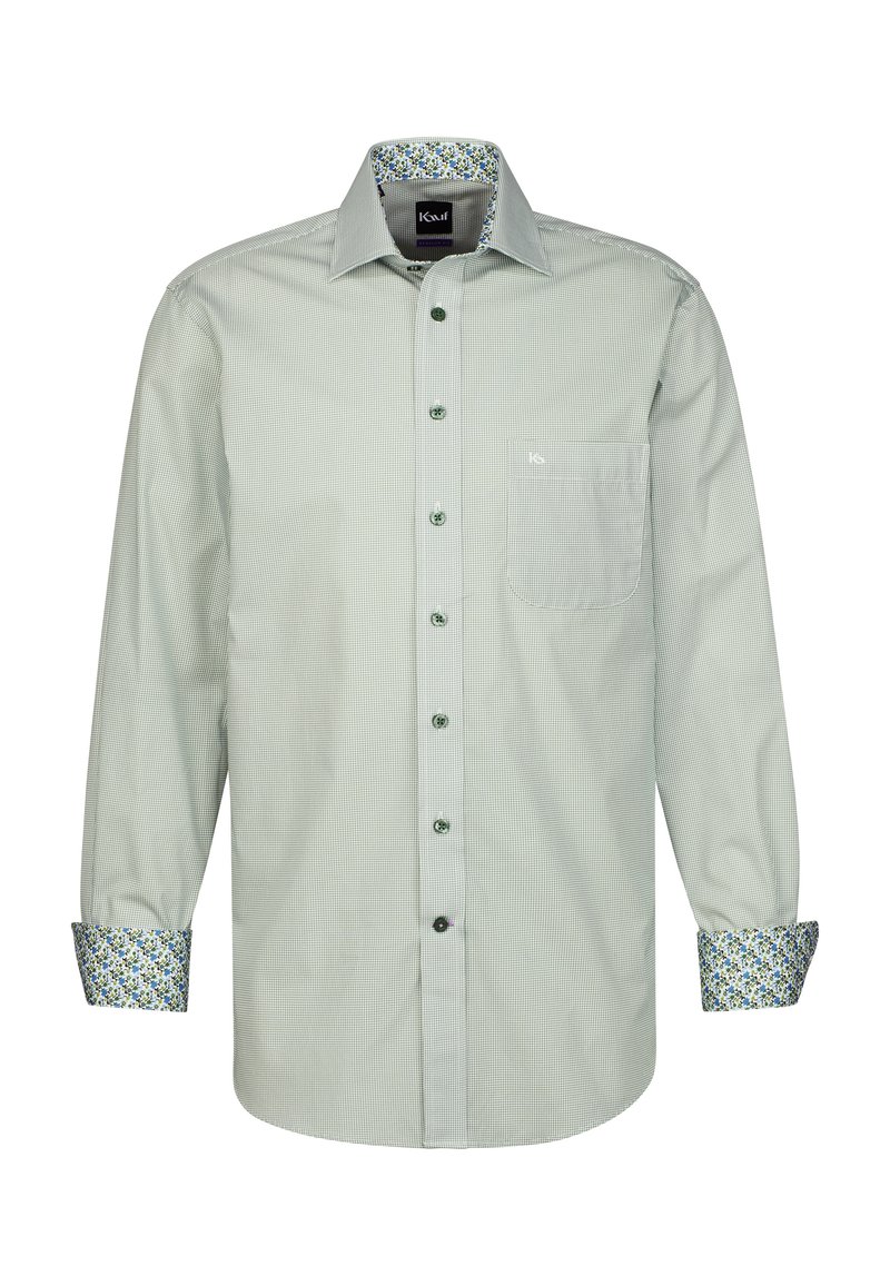 Camicia bottone verde chiaro con piccoli quadretti, caratterizzata da un polsino e un colletto interno con motivo floreale. Include una tasca sul petto e bottoni verdi.