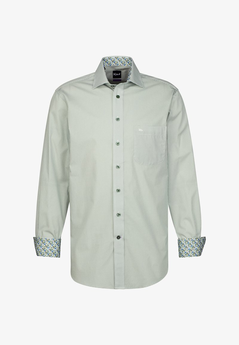 Camicia bottone verde chiaro con piccoli quadretti, caratterizzata da un polsino e un colletto interno con motivo floreale. Include una tasca sul petto e bottoni verdi.