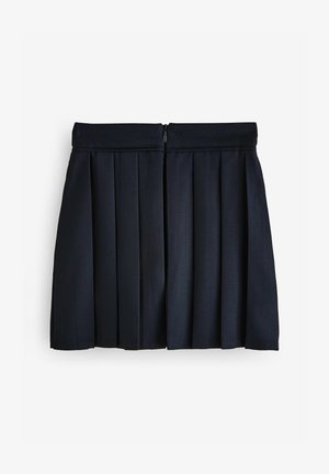 Marineblaue Faltenrock aus glattem Stoff, mit einem verdeckten Reißverschluss auf der Rückseite und einer taillierten Passform.