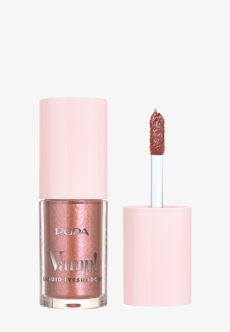 Pupa Vamp! vloeibare oogschaduw in een doorzichtig flesje met een doorschijnend roze deksel. Bevat een glinsterende roségouden formule met een applicator met schuine punt.