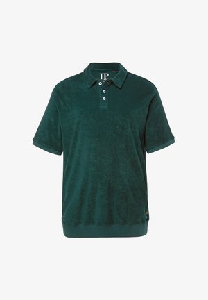 Polo vert foncé à manches courtes avec un col, trois boutons blancs et une finition en tissu texturé.