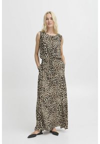 Robe maxi à imprimé léopard avec un design sans manches, taille à cordon, poches latérales et une silhouette fluide. Tissu doux au toucher lisse.