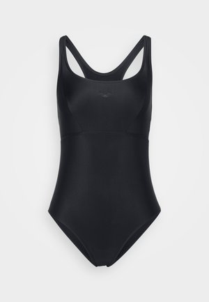 Bañador de una pieza negro, hecho de material elástico, con una textura suave, tirantes anchos y un diseño ajustado con costuras mínimas.