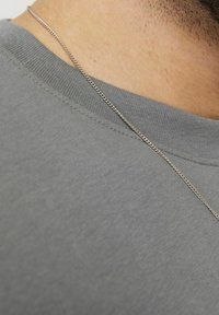 Grå bomulds T-shirt med ribbet halsudskæring, tæt på et sølv kæde ved kraven. Glat tekstur, subtil glans.