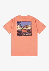Koszulka bawełniana w kolorze koralowym z krótkim rękawem, zdobiona graficznym printem gór oraz napisem "Levi's" i "the Original" z tyłu.