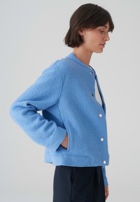 Giacca non strutturata in tessuto azzurro chiaro e testurizzato, con scollo rotondo, bottoni in metallo argentato visibili e tasche laterali.