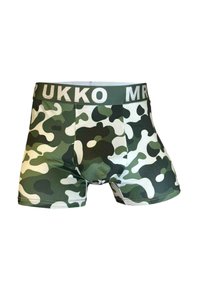 Boxers pour hommes présentant un motif camouflage vert et blanc, fabriqués en tissu extensible avec une ceinture à logo.