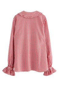 Red and white gingham blouse with long sleeves, ruffled cuffs, and a collared neckline. The fabric is lightweight and textured.