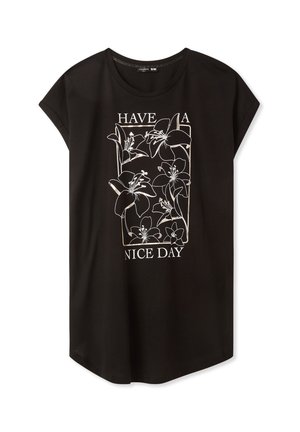 T-shirt nera a maniche corte con una vestibilità comoda, caratterizzata da un design floreale in linea bianca e la scritta "HAVE A NICE DAY" all'interno di una cornice rettangolare.