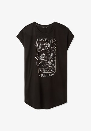 Czarna koszulka z krótkim rękawem o luźnym kroju, zdobiona białymi liniami przedstawiającymi kwiaty oraz napisem "MIŁEGO DNIA" w prostokątnej ramce.