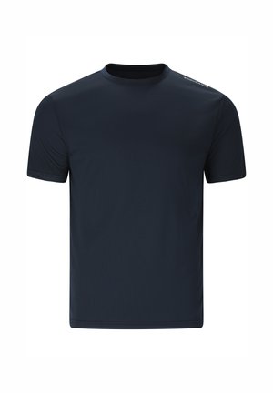 T-shirt de sport bleu marine foncé à manches courtes avec encolure ronde et petit logo "Endurance" sur l'épaule droite.