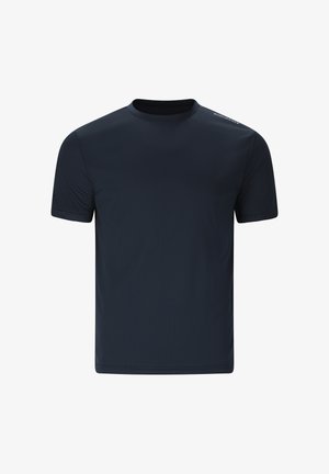 T-shirt de sport bleu marine foncé à manches courtes avec encolure ronde et petit logo "Endurance" sur l'épaule droite.