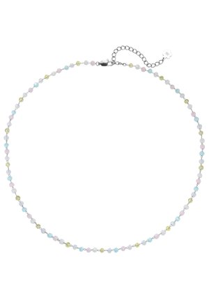 Silberne Gliederkette mit kleinen runden Perlen in Pastellblau, Rosa, Gelb und Weiß, mit einem Karabinerverschluss und verstellbarer Verlängerungskette.