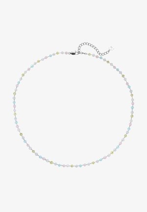 Silberne Gliederkette mit kleinen runden Perlen in Pastellblau, Rosa, Gelb und Weiß, mit einem Karabinerverschluss und verstellbarer Verlängerungskette.