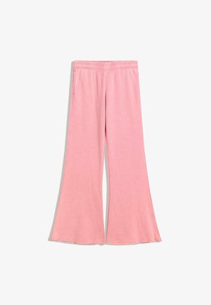 Pantalons évasés rose pâle avec une taille élastique. Tissu doux avec une texture lisse, présentant une coupe droite qui s'élargit au niveau de l'ourlet.