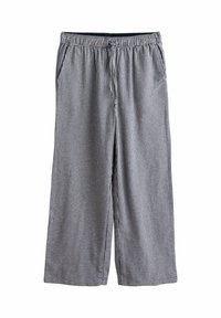 Puuvillased ruudulised püksid tumesinises ja valges, elastse vöökohaga, nöörkinnituse ja kahe küljetaskuga. Laisalt istuv lõige.