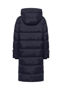 Marineblauwe pufferjas met capuchon, met een lange, gewatteerde uitstraling en slanke lijnen. Zakken met rits aan de zijkanten en elastische manchetten voor een perfecte pasvorm.