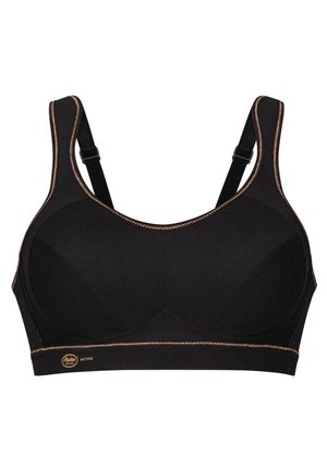 Reggiseno sportivo nero con spalline larghe, coppe sagomate e cuciture arancioni a contrasto. Dotato di spalline regolabili per una vestibilità personalizzata.