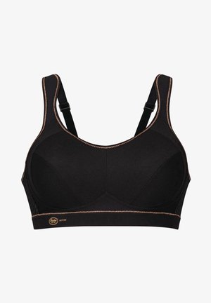 Black sports bra with wide straps, molded cups, and contrasting orange stitching. Features adjustable straps for a customized fit.