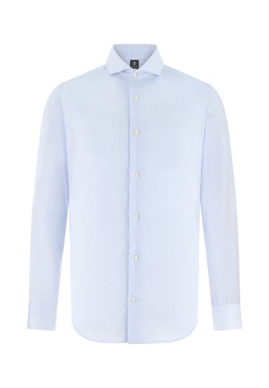 Camicia elegante da uomo a maniche lunghe azzurro chiaro con motivo sottile, davanti con bottoni, collo a punta e polsini con bottoni.