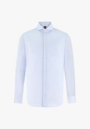 Chemise habillée homme à manches longues bleu clair avec motif subtil, boutonnée à l'avant, col à pointes étalées et poignets boutonnés.