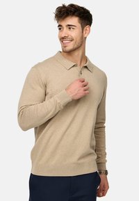 Polo beige à manches longues avec un col classique et deux boutons, doté de poignets et d'un ourlet côtelés, fabriqué à partir d'un tissu doux.