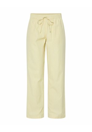 Pantalones amarillos a rayas con cintura elástica y cordón. La tela tiene una textura suave. Diseño de pierna recta, llegando hasta la mitad de la pantorrilla.