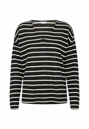 Maglione a maniche lunghe a righe bianche e nere con scollo a V e vestibilità ampia. Tessuto testurizzato con righe orizzontali a contrasto.